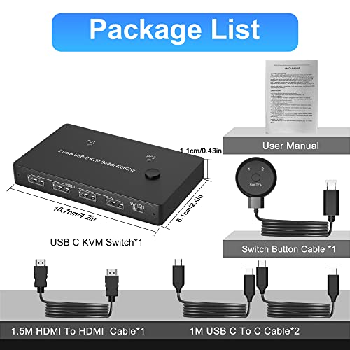 Usb C Kvm Switch 4K@60Hz, Usb C Switcher For 2 Computers Share 1 Hdmi Hd Monitor And 4 Usb Devices, With 100W Power Delivery, Usb-C Switch With Usb-C Cable, Hdmi 2.0 Cable #TOP7