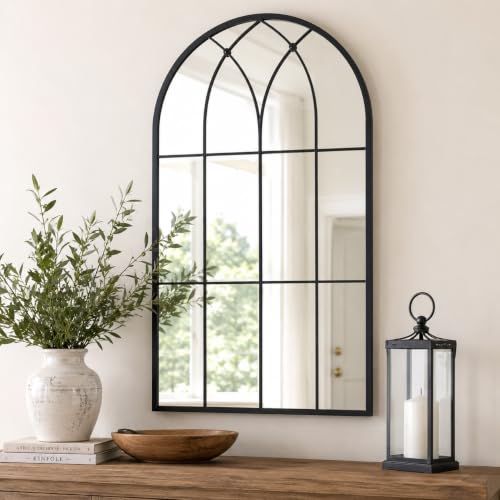 Image of Uniclinens Window Arched Wall Mirror - Large Farmhouse Black Cathedral Gothic Mirror for Wall Decor with Arched Metal Window Pane Frame, Ideal for Entryway, Fireplace, Living Room, Bathroom 40 inchX24 inch