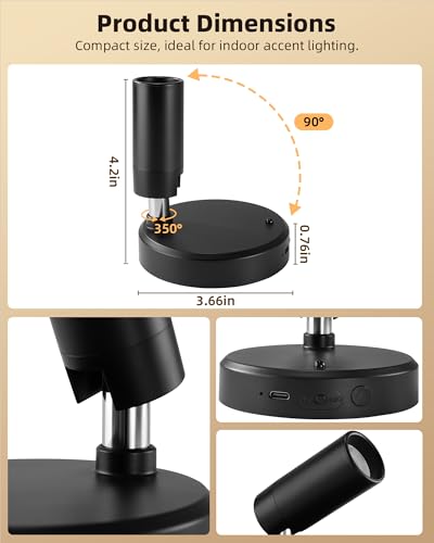 EZVALO Spotlights Indoor with Remote, 5500mAh Rechargeable Picture Lights, Wireless Uplights with Timer & Dimmable, 3-CCT, Accent Lighting for Plant, Art, Painting, Gallery, Wall Decor (2-Pack Black)