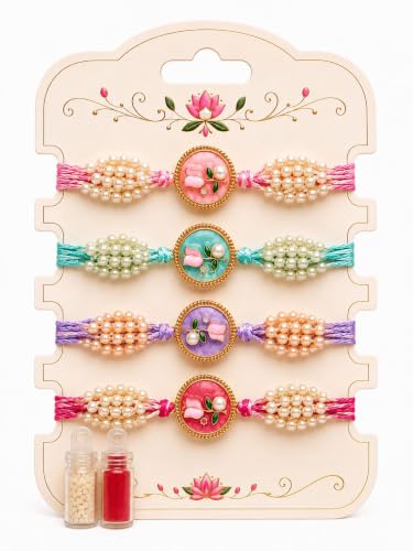 Image of Premium Designer Pastel Resin Pearl Floral Rakhi For Brother | Elegant Flower Rakhi Set Of 1 /2 /3 /4 /5 /6 Raksha Bandhan Gift Bhai Combo For Bhaiya Bhabhi & Sister Bracelet Brother Bhai Sister In Law Kids | Traditional & Festive Wrist Band