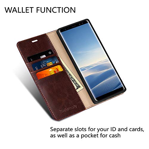 Belemay Wallet Case for Samsung Galaxy Note 9, Genuine Cowhide Leather Flip Case, Folio Book Cover, Card Holder Slots, Cash Pockets, Kickstand Compatible with Galaxy Note 9, Brown