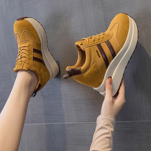 Image of Platform Sneakers for Women High Hidden Heel Wedge Sneakers Fashion Leather Chunky Lace up Wedge Tennis Shoes Increasing 3.94 inch