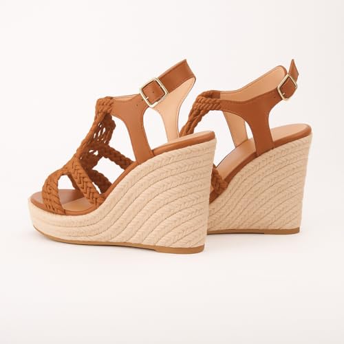 Image of Women's Woven Espadrille Wedge Sandals Bohemian Braided Open Toe Summer Shoes with Adjustable Strap 3.9 inch Platform Heel for Wide Feet, Comfortable Walking