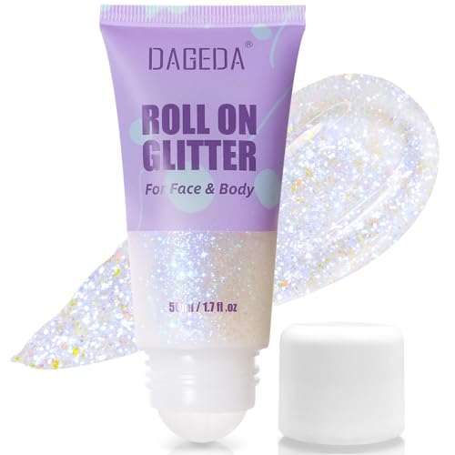 Prreal 50ml Roll-on Body Glitter, Holographic Face Glitter Gel for Eye Hair, Mermaid Sequins Festival Accessories, Chameleon Color Body Shimmer Glitters Face Paint Makeup Rave Outfits, Fantasy