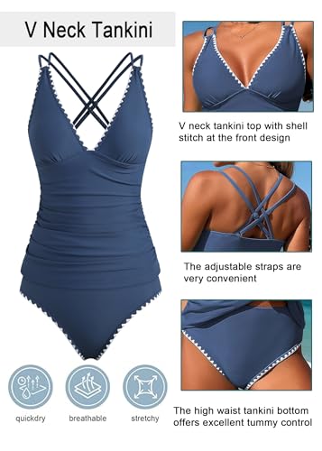 Jillumi Two Piece Swimsuit for Women Tummy Control Ruched Tankini Solid Two Piece Bathing Suits Modest Swimsuits 50s Retro Tankinis (Blue XXL) — view 4