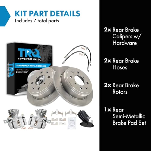 Image of TRQ Rear Brake Pad and Rotor Set Semi Metallic Rotors Calipers Hardware Hoses Compatible with 1994 Acura Integra