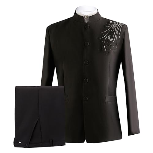 Men's 2 Pieces Chinese Tunic Suits Mandarin Collar Formal Jacket Blazer Traditional Uniform Groom Dress (Large,Black 1)
