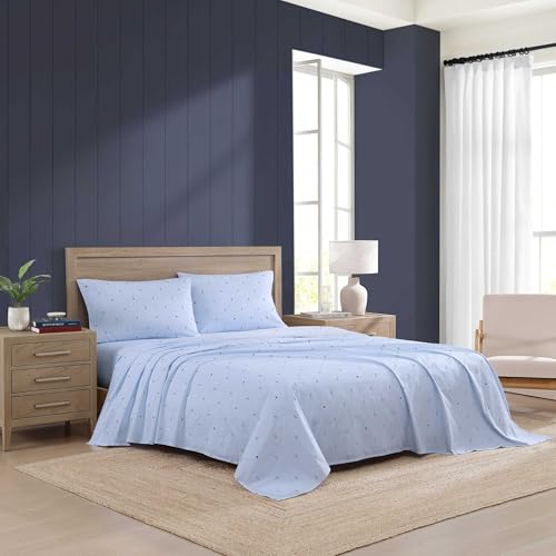 Image of Tommy Hilfiger - King Size Sheet Set, Soft Cotton Percale Bedding with Crisp Cooling Comfort, Deep Pocket Fitted Sheet with Matching Pillowcases, Americana Decor (Nautical Anchor Light Blue)