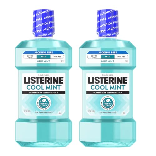 Image of Listerine Cool Mint Alcohol Free Mouthwash, Mild Mint, 33.8 fl. oz /1L x 2 | Kills 99.9% of Germs That Cause Bad Breath, Less Intense Taste with no burn, Dentist Recommended Oral Rinse