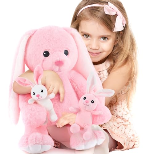 MorisMos Conejo Peluches Gigante XXL, 50 cm Rosa Mamá con 2 Kawaii Conejito Baby Realistas Suave Animales de Peluche Grandes Regalos para Niñas, Niños, Cumpleaños Navidad Decoració