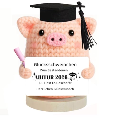 WGXIA Abitur 2026 Gestrickte Glücksschweinchene Positive Geschenke Pocket Hug Haken Dekorationsstück Glücksbringer ABI Geschenk Glücksbringer für Prüfungen