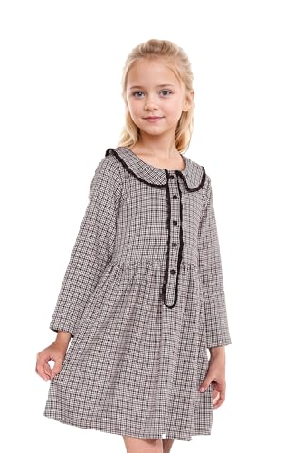 solomate Girl's Peter Pan Collar Cotton Plaid Dress Ruffled Trim Gingham Dress with Shell Buttons for Kid2