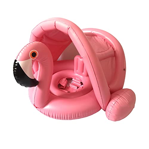Image of Baby Pool Swim Float with Canopy Inflatable Outdoor Swimming Ring Seat, Pink Flamingo Kids Infant Toddler from 6 Months to 48 Months