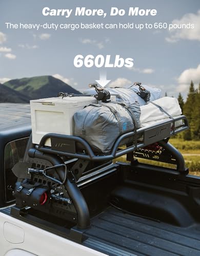 Image of JOYTUTUS Roll Bar with Cargo Basket for Mid-Size Truck, Extendable Chase Rack Pickup Sports Bar Compatible with Tacoma, Gladiator JT, Frontier, Canyon, Colorado, Ranger
