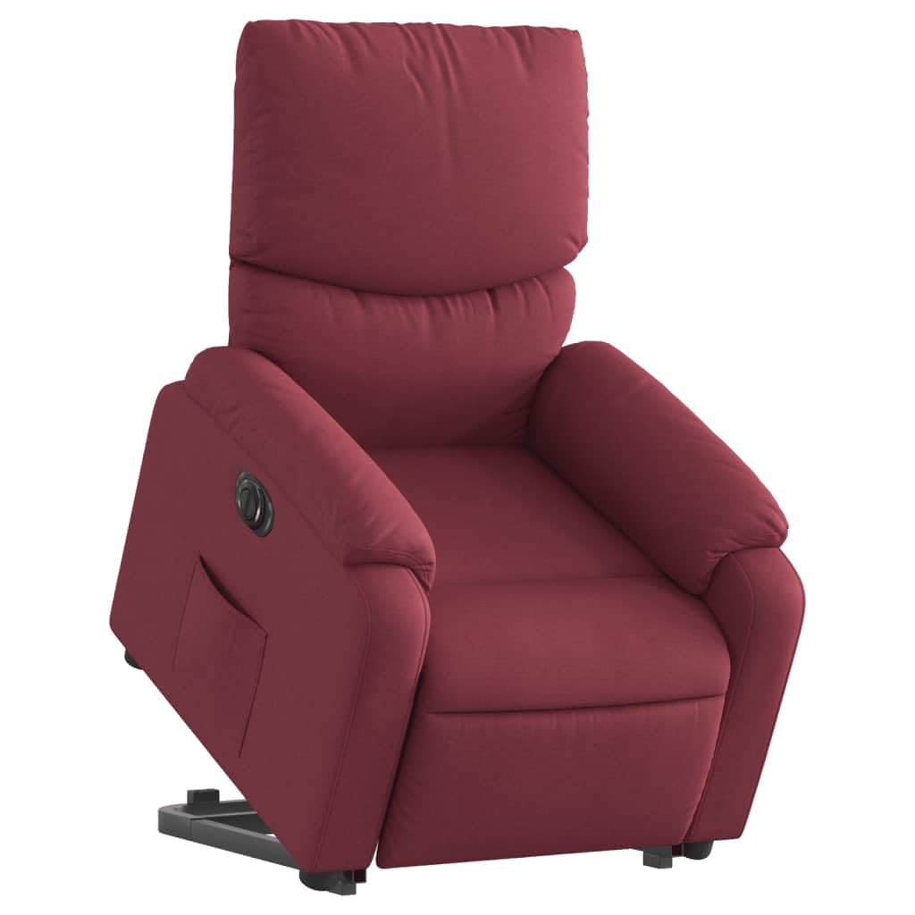 Podnoszony fotel masujący elektryczny rozkładany bordowy z silnikiem wygodny fotel dla seniora ułatwiający wstawanie z funkcją odchylania do 135 stopni oddychająca tkanina stabilna rama drewno metal