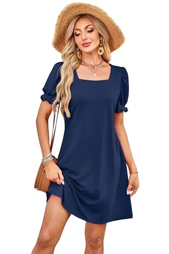 Image of RUMIA Summer Dresses for Women 2025 Casual Cute Square Neck Puff Short Sleeve Dress with Pockets