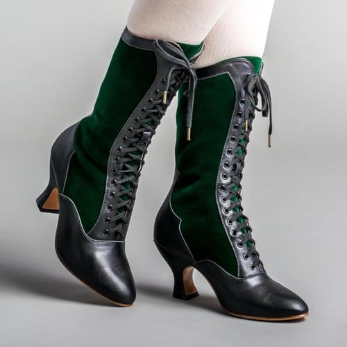 Victorian Boots for Women,Women's Vintage Bridal Brides Wedding Boot Mid Calf Lace up Pointed Toe Costume Renaissance Mid Heel Dress Boots4