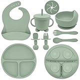Munlinder Silicone Baby Feeding Set | Baby Led Weaning Supplies Includes Suction Bowls and Divided Plates, Adjustable Bib, Baby Utensils Spoons and Forks,Cup | Baby Feeding Essentials (Light Green)