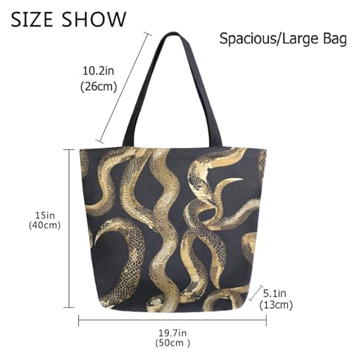 Fashion Golden Snake Black Extra Large Canvas Gym Shoulder Tote,Durable Daily Reusable Top Handle Bag for Mens Womens Yoga Weekender Picnic Beach Travel Market Shopping3