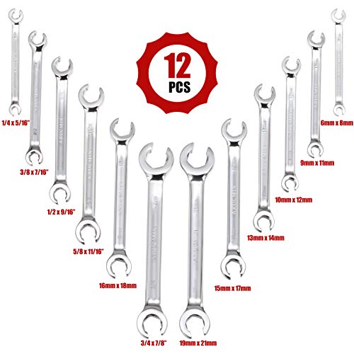 Arucmin Flare Nut Wrench Set,12-Piece Chrome Vanadium Steel Wrench Set Sae & Metric 1/4"-7/8" And 6-21Mm With Organizer Box #TOP1