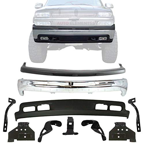 New Front Bumper Chrome Steel + Upper Cover + Lower Valance Primed + Outer Brace Bracket Set Left & Right Side For 1999-2002 Chevrolet Silverado 1500/2000-2006 Tahoe Suburban Direct Replacement New Front Bumper Chrome Steel + Upper Cover + Lower Valance Primed + Outer Brace Bracket Set Left & Right Side For 1999-2002 Chevrolet Silverado 1500/2000-2006 Tahoe Suburban Direct Replacement