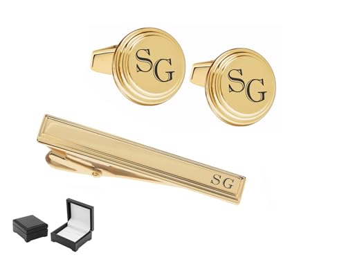 Personalized Gold Beveled Edge Cufflinks & Tie Clip Set Custom Engraved Free - Men's Gift With Free Engraving - Ships from USA3