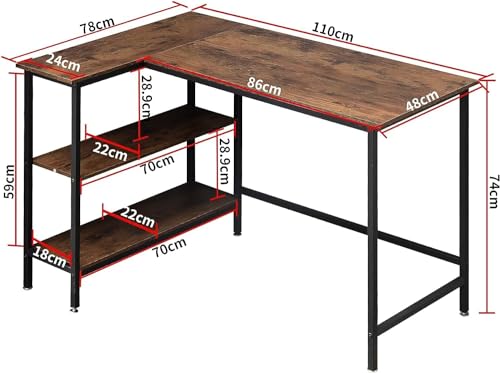 L字デスク ゲーミングデスク 机 PCデスク 幅110cm パソコンデスク 右棚左棚 学習机 オフィスデスク 収納袋付き作業机 [2]