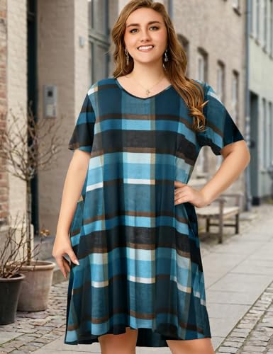Image of OVERWORETY Womens Short Sleeve Plus Size T-Shirt Dress V Neck Casual Loose Swing A-Line Summer Tunic Dresses with Pockets