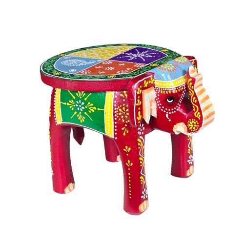 Image of Hand-Crafted and Emboss Colorful Painted Wooden Elephant Shape Round Stool for Home /Office /Living or Bedroom Decor,Decorative Showpiece (8 Inches Height, Red)