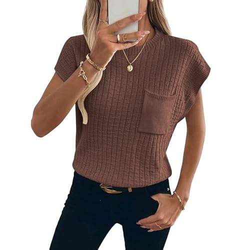 Womens Short Sleeve Sweaters Summer Cap Sleeve Tops Casual Crewneck Oversized Lightweight Knit Sweater Vest