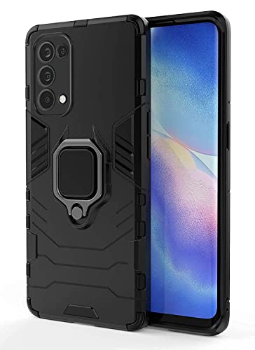 Image of WOW IMAGINE Shock Proof Back Case Mobile Cover for Oppo Reno 5 Pro | Back Cover Case (Tough Armor | Hybrid PC + TPU | Ring Holder & in-Built Kickstand | Black)