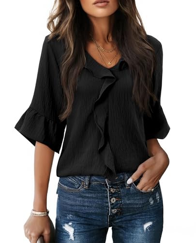 siliteelon Black Blouses for Women Dressy Casual 3/4 Sleeve Ruffle Bell Top Ladies Business Formal Work Shirt Trendy 2026 Black L