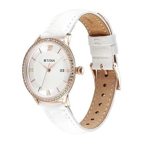 Image of Titan Bright Leathers Silver Dial Analog with Date Leather Strap Watch for Women-NS95247WL05