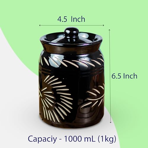Image of Ceramic Pickle Jar Floral Cutting(Set of 2) | Black Achaar Container | Kitchen Storage Containers for Pickles & Spices | Ceramic Jars for Kitchen Storage | 1 kg Achaar Martban | Salt Container