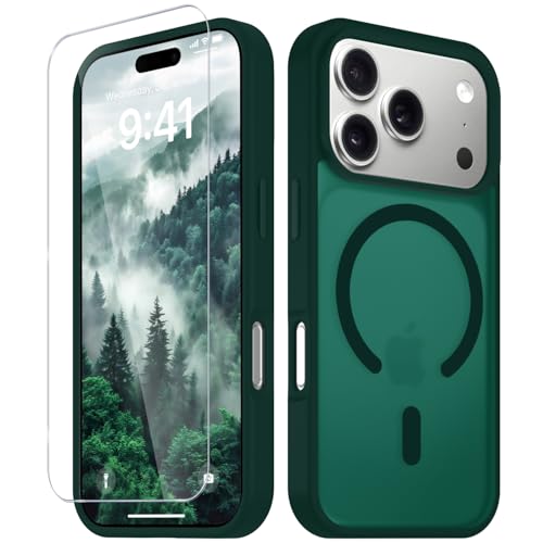 Image of YENAPOON for iPhone 17 Pro Case, Matte Magnetic Phone Cover [with 1 Screen Protector] [Support for MagSafe] [Shockproof Military Grade Protection] Translucent Frosted Back, Dark Green