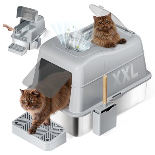 Lettiera per gatti in acciaio inox, Lettiera Gatto Chiusa XXL, 110° flip-cover design Lettiera Gatto Grande, 60*42*44 cm lettiera in acciaio con coperchio, 38L capacità, prova perdite e facile pulire