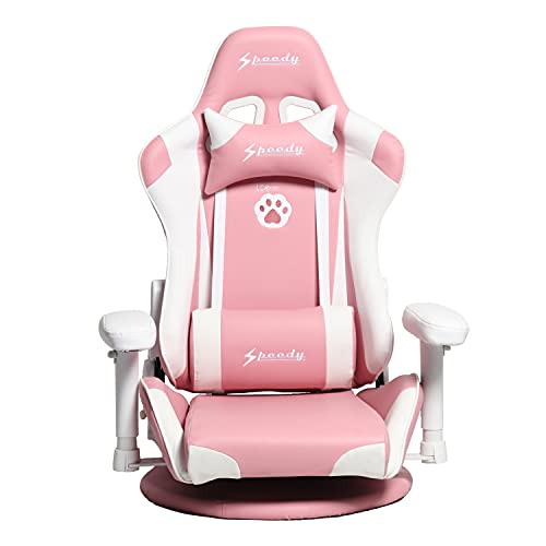 SPEEDY ゲーミングチェア 座椅子 360度回転式 ハイバック ヘッドレスト リクライニング155度 クッション付き PUレザー (Pink Paw) 【S55】 [2]
