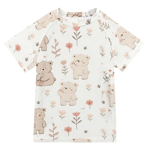 ALAZA Kids Rash Guard Boys Toddler Swim Shirts Short Sleeve Cute Bear Cream UPF 50+ 3T