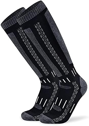 Busy Socks Merino Wool Blend Ski Socks for Women Knee High, Men's Extra Wide Comfortbest Warmest Wool Socks for Winter Running Ice Hockey, Medium, Black/Dark Grey