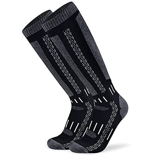 Busy Socks Merino Wool Blend Ski Socks For Women Knee High, Men's Extra Wide Comfortbest Warmest Wool Socks For Winter Running Ice Hockey, Medium, Black/Dark Grey #TOP12