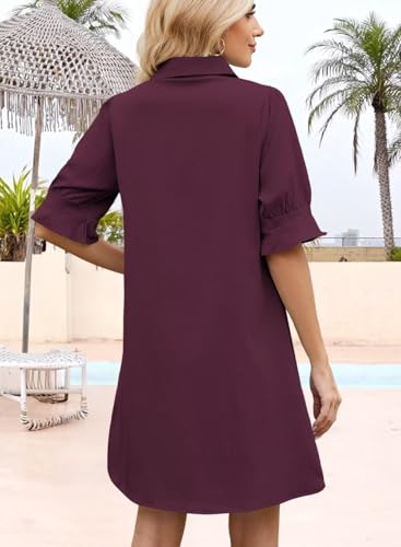 Image of Womens Summer Shirt Dress 2026 Casual Ruffle Short Sleeve Button Down Flowy Swing Shift Mini Dresses with Pockets