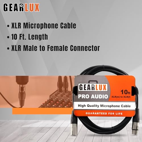 Gearlux 10-Foot Balanced XLR Microphone Cable with Oxygen-Free Copper Conductor - Male to Female