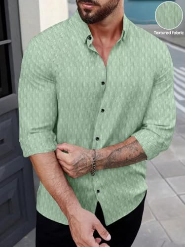 Image of DEELMO Men's Regular Fit Button Down Dress Shirts Textured Long Sleeve Casual Hawaiian Shirt