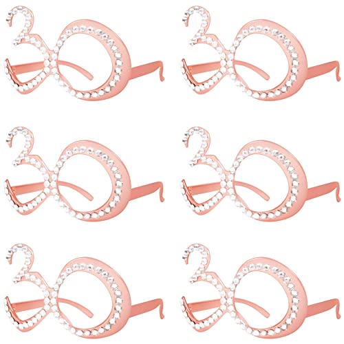Pagather 30th Birthday Glasses - 6 Pairs Rose Gold 30 Years Old Glasses with Rhinestones Frame, Funny Plastic Costume Photo Booth Props for 30th Anniversary Party Decorations