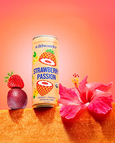 wildwonder Sparkling Probiotic Juice Drink w/Gut Health Immunity, Digestion Support, 5g Fiber, Live Probiotics, Caffeine Free, Organic, Low Sugar, 12pk 12oz, Strawberry Passion, As Seen on Shark Tank