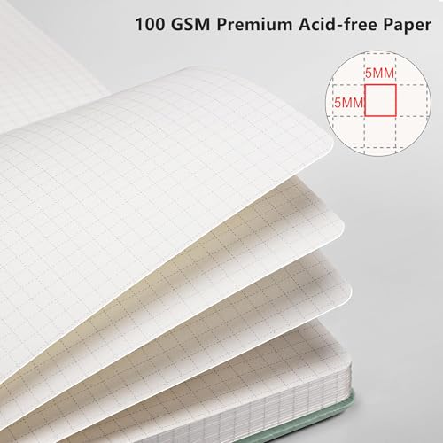 Image of RETTACY Graph Grid Paper Notebook, 192 Pages, A5 Size (5.7'' x 8.3'') | 5 Squares per Inch, Leather Hardcover, 100 GSM Thick Paper, for School, Students, Math, Engineering (Sage Green)