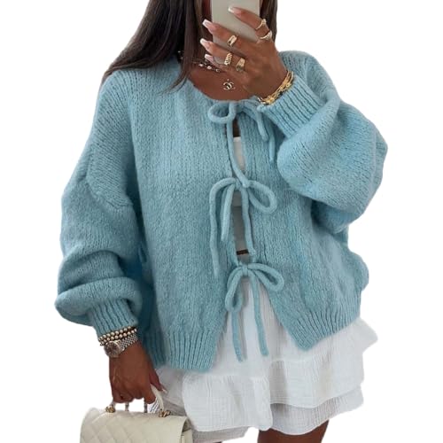 Image of Women Casual Bow Tie Front Cardigan Sweater Solid Crew Neck Long Sleeve Self Tie Open Front Knit Sweater Top Fall