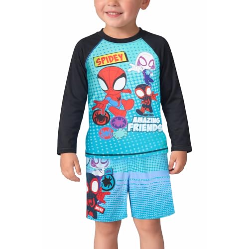 Image of Marvel Boys Rash Guard Set 2 Piece Hulk Spiderman Swim Shirt & Swim Trunks