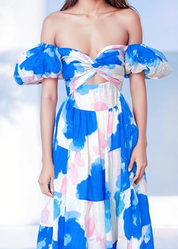 Image of GOLDSTITCH Women's 2026 Boho Floral Maxi Dress Puffy Short Sleeve Cutout V Neck Casual Long Beach Dress