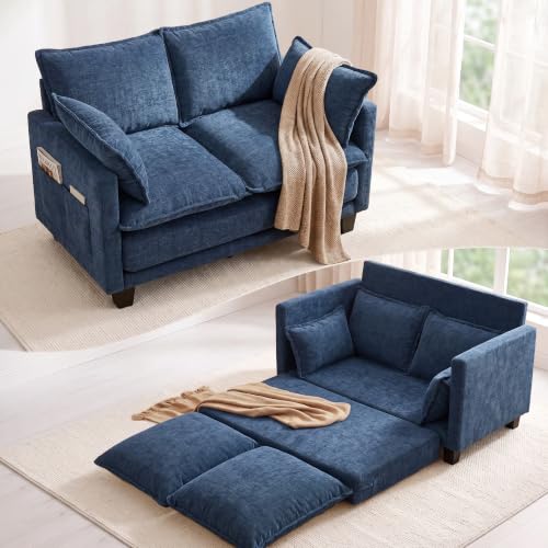 MUDANT 49" Loveseat Sofa Bed, 2 in 1 Convertible Small Sofa Pull Out Couch Bed Chenille Deep 2 Seat Sleeper Twin XL Futon Mattress for Small Spaces Living Room Bedroom Apartment Office, Blue